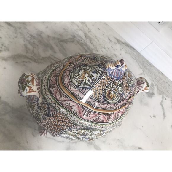X-Large Hand Painted Floral Portugal Heavy Soup Tureen Bowl Signed - Picture 4 of 8